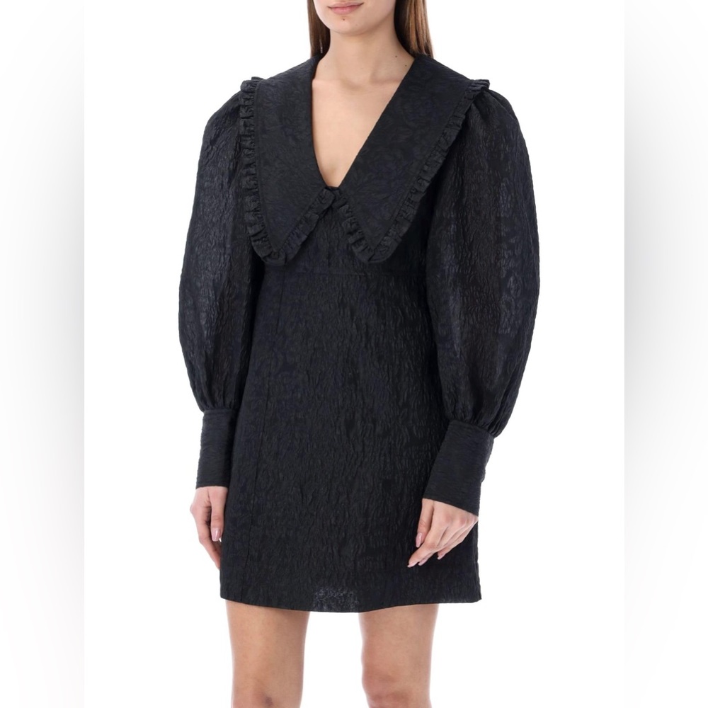 Ganni Black Jacquard Organza V-neck Ruffle Collar Dress